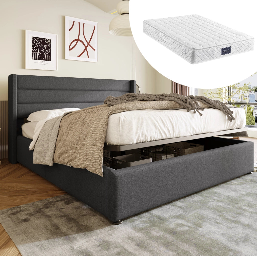 Letto matrimoniale imbottito 140x200 cm con contenitore e rete a sollevamento; lino grigio