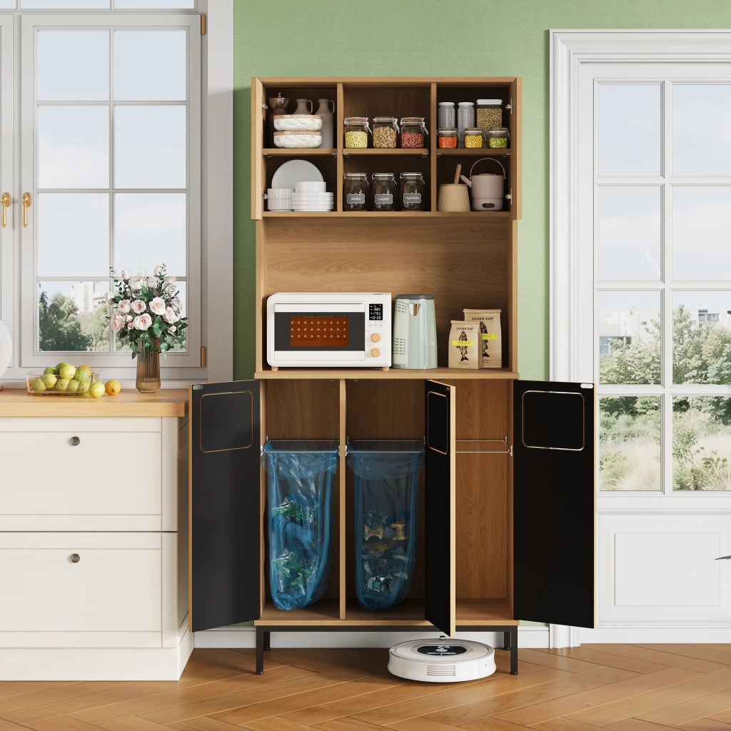 Mobile contenitore da cucina con 3 ante e 3 vani per raccolta differenziata, per cucina, in MDF, naturale, 80 × 35 × 181 cm