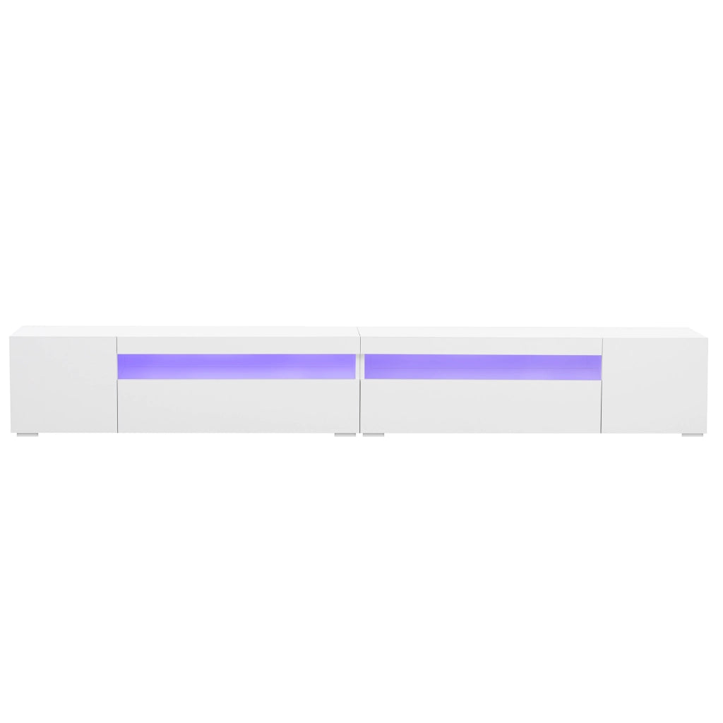 Mobile TV moderno bianco 240 cm con illuminazione LED variabile, struttura in MDF e design simmetrico