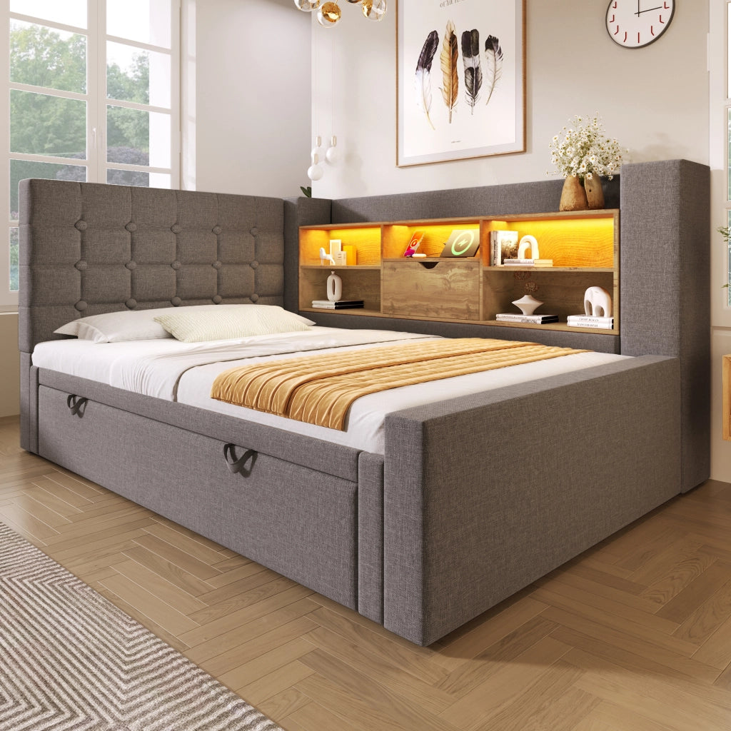 Letto imbottito con letto estraibile 90x200 cm, LED, porte USB, testiera L e vano contenitore, grigio