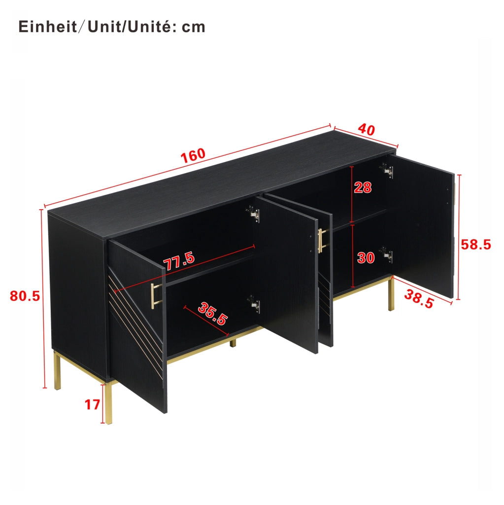 Credenza a 4 ante nera con ripiani regolabili, 160 cm