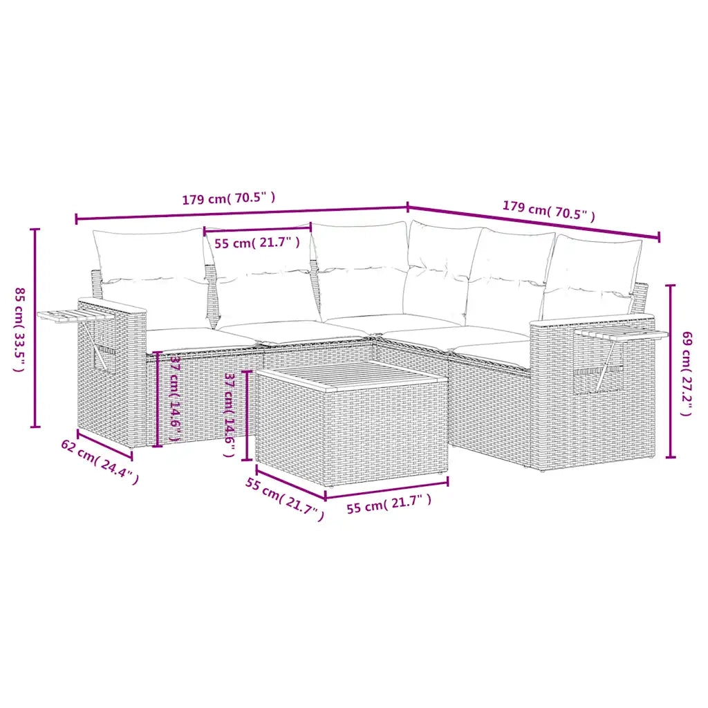 Set Divani da Giardino 6 pz con Cuscini Grigio in Polyrattan