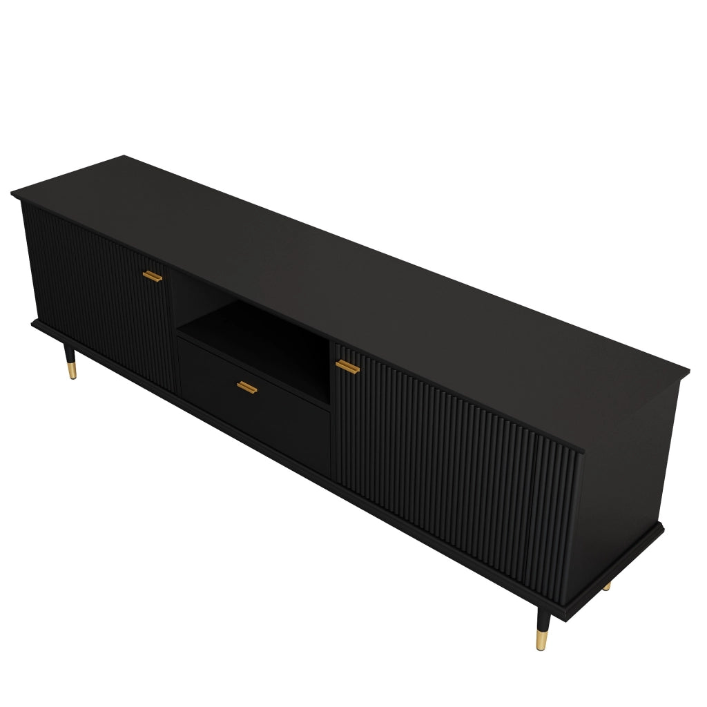 Mobile porta tv nero con 2 ante e cassetto; mobile tv 170 cm moderno nero e oro in MDF