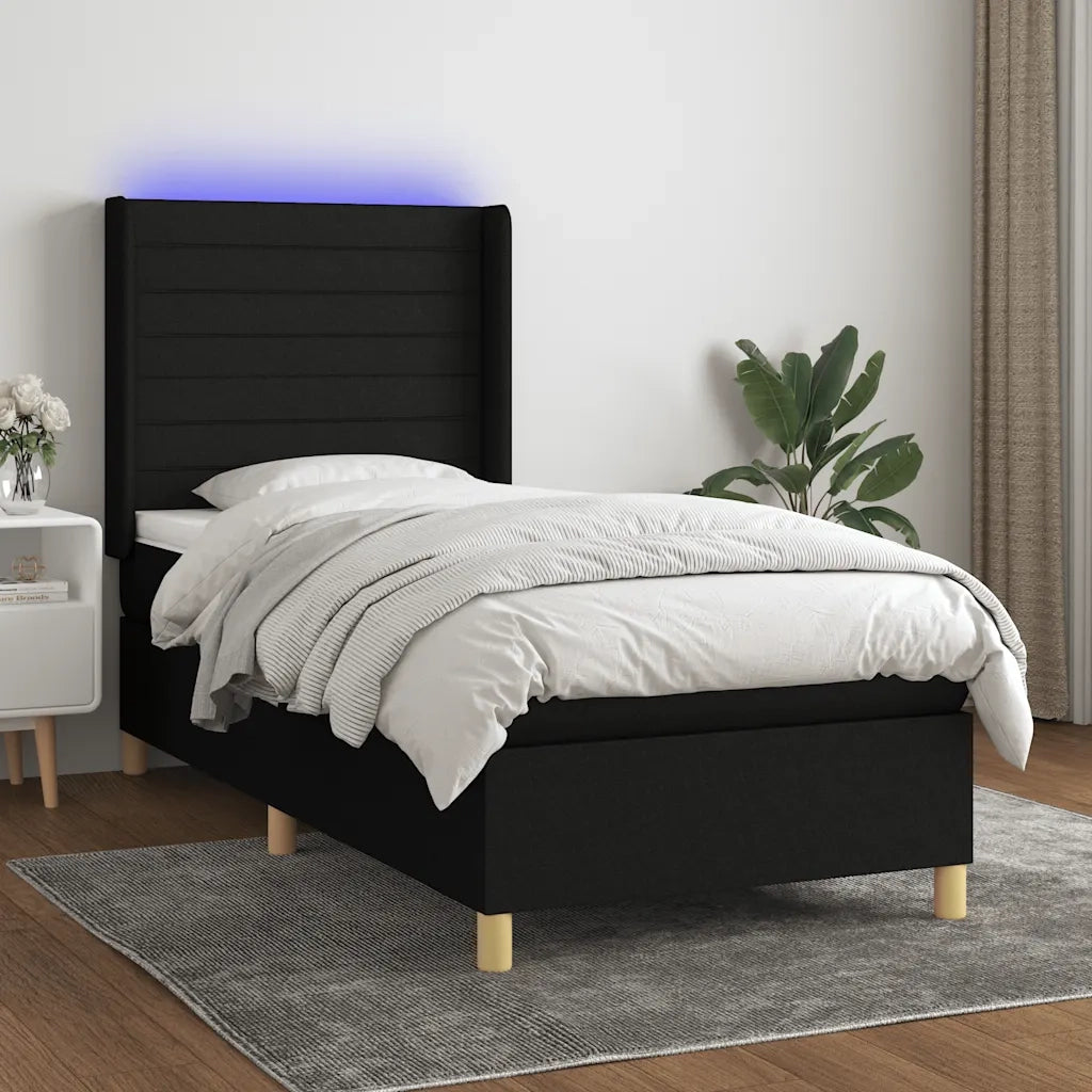 Letto singolo | Letto per adulti | Letto a Molle con Materasso e LED Nero 80x200 cm in Tessuto