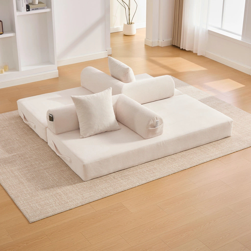 Divano modulare con tasca laterale e 3 cuscini struttura in metallo e velluto a coste per soggiorno beige