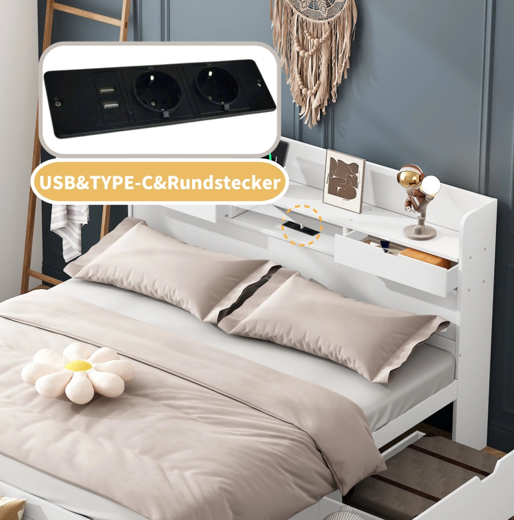 Letto matrimoniale 160x200 cm con USB e Type-C; contenitori e cassetti; bianco