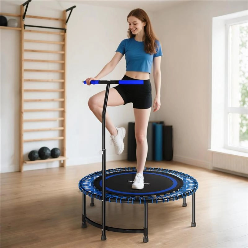 TRAMPOLINO FITNESS 145 CM CON MANUBRIO REGOLABILE SU 5 POSIZIONI, 36 MOLLE BUNGEE, CAPACITÀ 150 KG, BLU