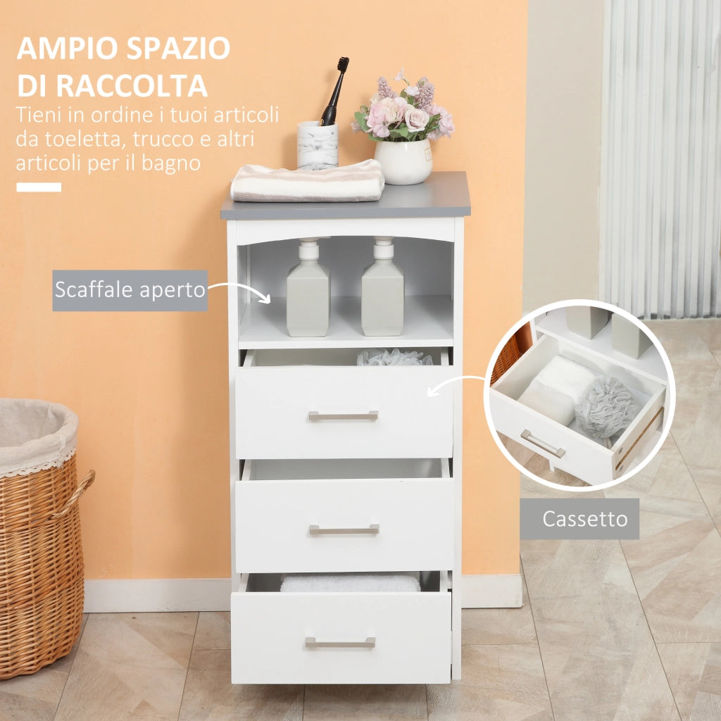 Mobiletto Bagno con Scaffale Aperto e 3 Cassetti in MDF, 40x33x80cm, Bianco