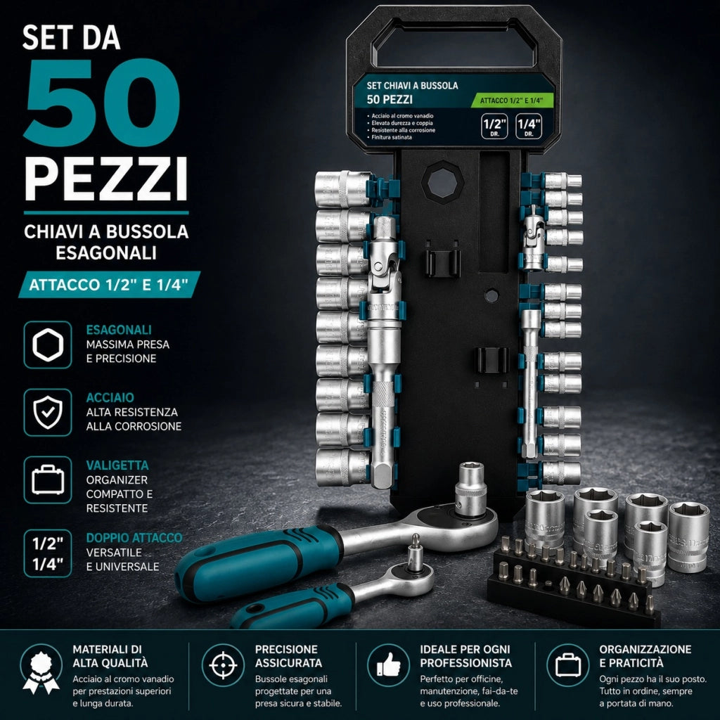 Set 50 Chiavi a Bussola 1/4" 1/2" con Cricchetti Inserti e Snodi VHT02524