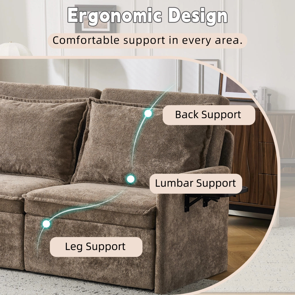 Divano letto 3 in 1 pieghevole con schienale regolabile a 5 livelli porta USB e tasche laterali in chenille marrone