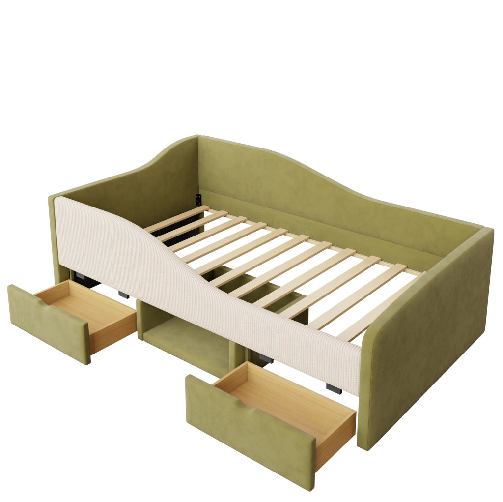 Letto imbottito 90x190 cm con sponde e contenitore in velluto verde e avorio