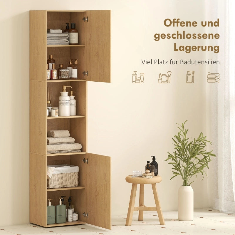 Mobile bagno alto in legno colore quercia, 6 ripiani, 2 ante e 2 scaffali aperti