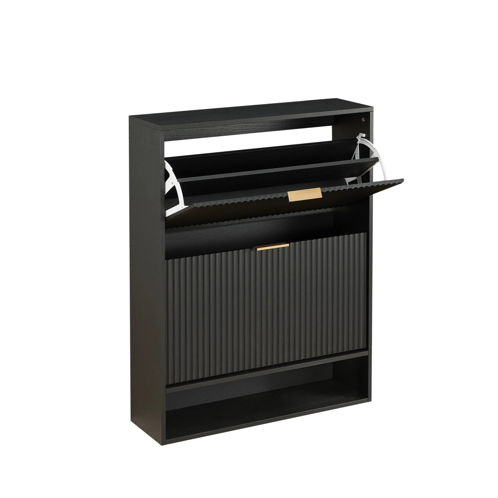 Scarpiera salvaspazio 80 x 24 x 102 cm con frontali scanalati, porta basculante e dispositivo antiribaltamento, colore nero