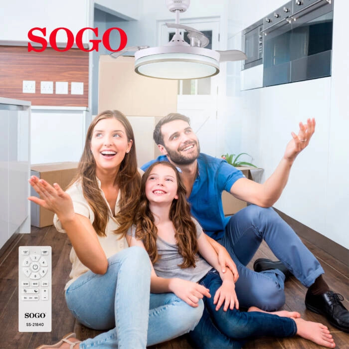Ventilatore da soffitto 106 cm con luce LED 36W regolabile, motore DC silenzioso 6 velocità e telecomando, pale richiudibili - Sogo