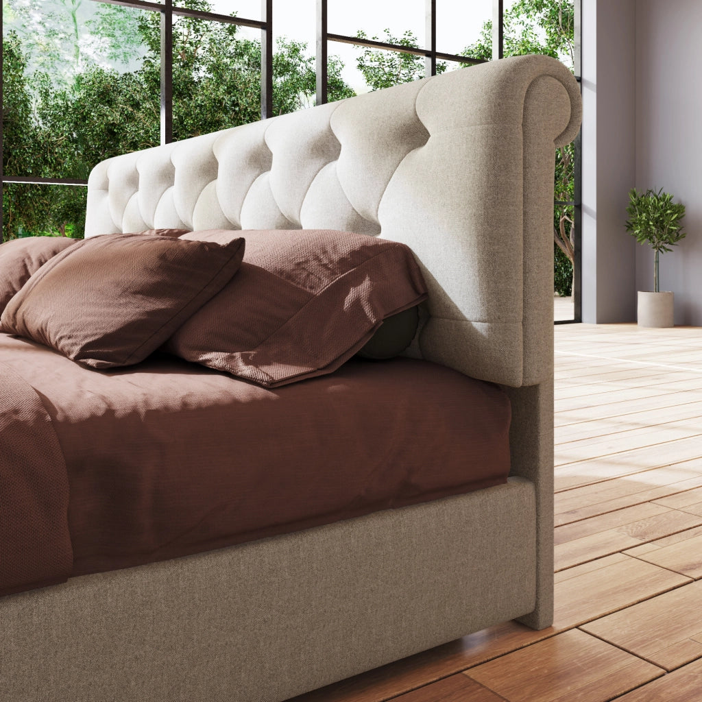 Letto matrimoniale 140x200 cm con contenitore; testiera regolabile; in lino naturale con materasso
