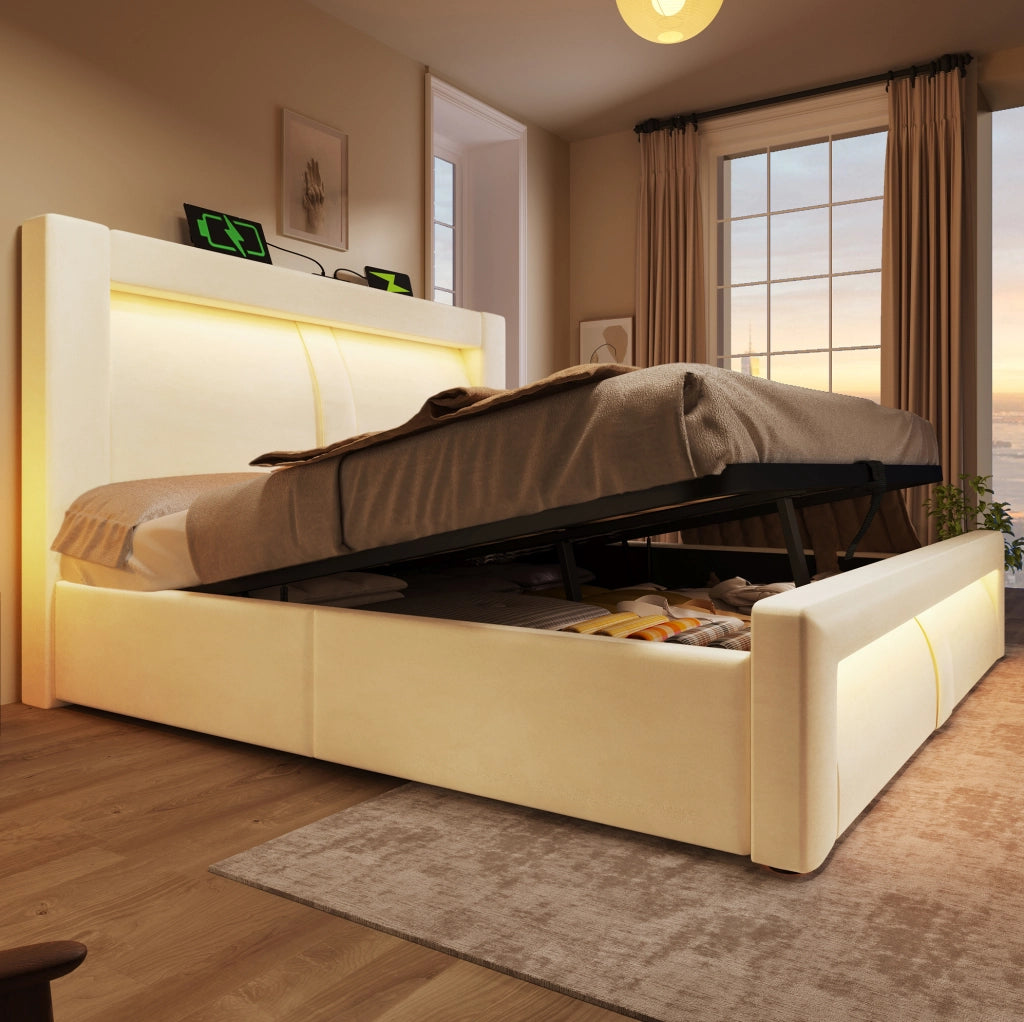 Letto matrimoniale 140x200 cm con contenitore; LED; USB e Type-C; testiera curva in velluto beige