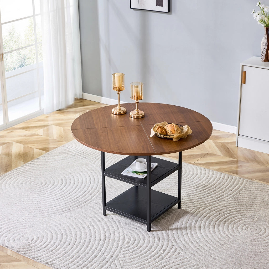 Tavolo da pranzo rotondo con doppio ripiano, 2-4 posti, in MDF effetto noce e metallo nero, per soggiorno, 107 cm