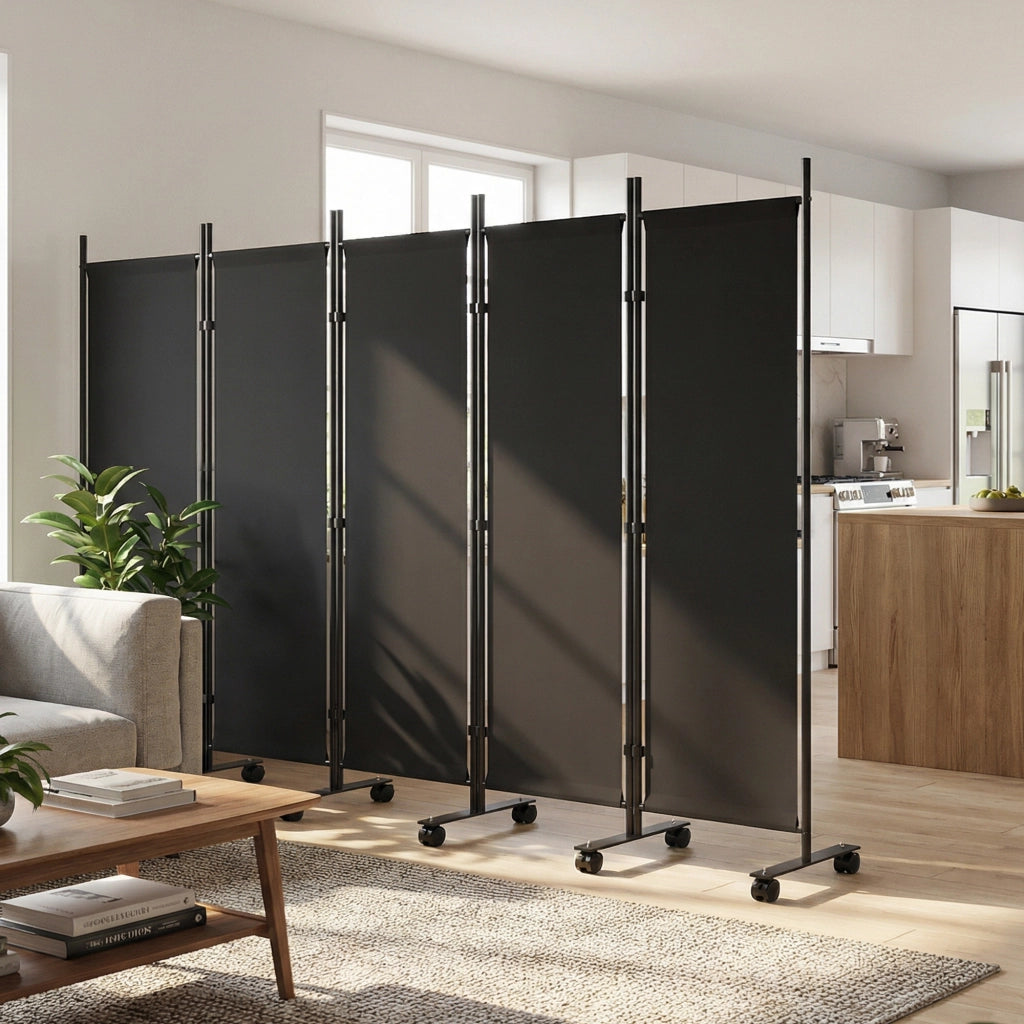 Biombo Separatore 5 Pannelli 12 Ruote ¨C zephmum ¨C Nero 252x170 cm