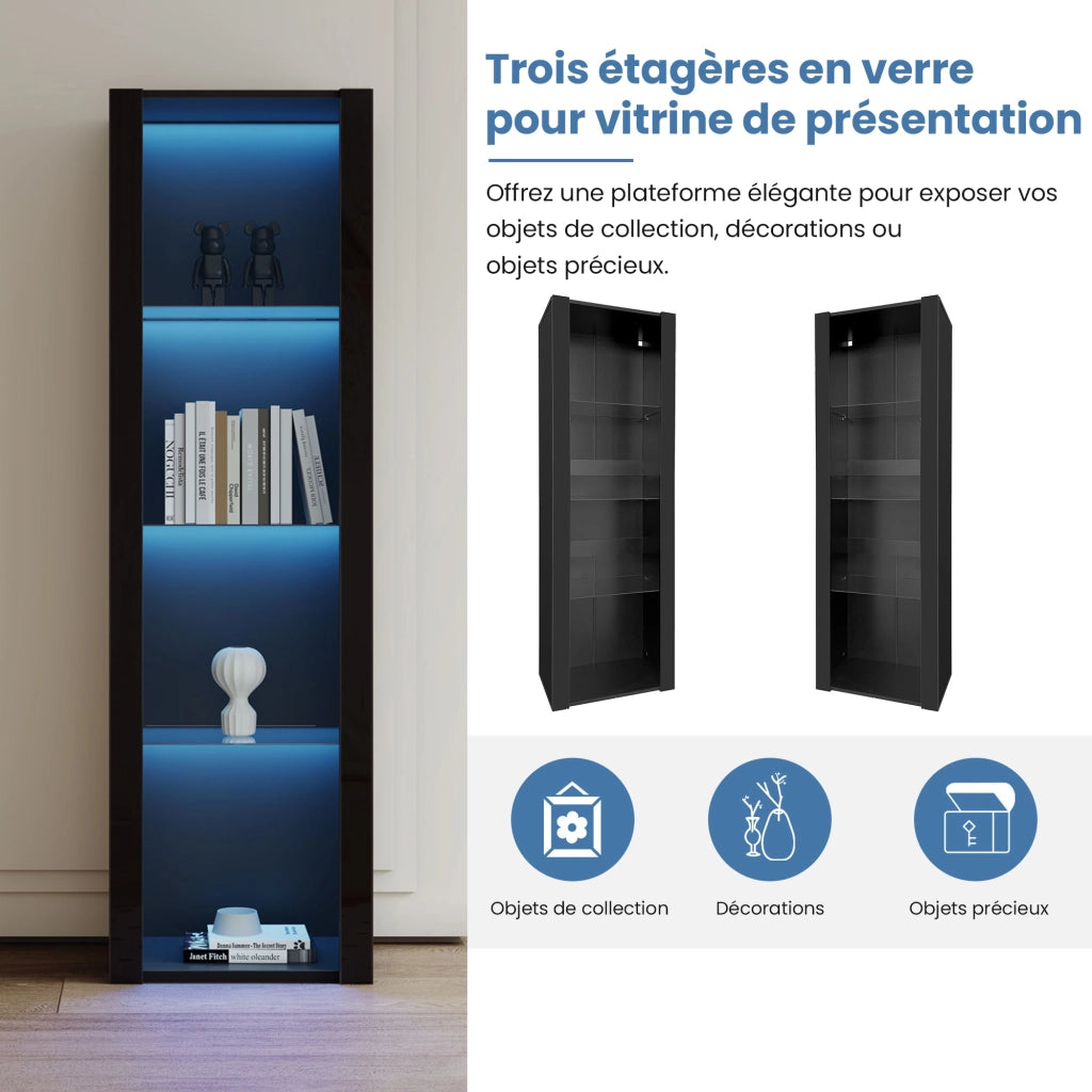 Vetrina con LED e 3 ripiani in vetro, pannelli frontali lucidi, per soggiorno, in truciolato, nero, 55 × 38 × 166 cm
