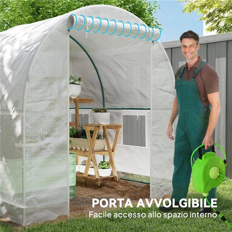 SERRA DA GIARDINO A TUNNEL CON TELAIO IN ACCIAIO E 4 FINESTRE IN PE 2.5X2X2M, BIANCO
