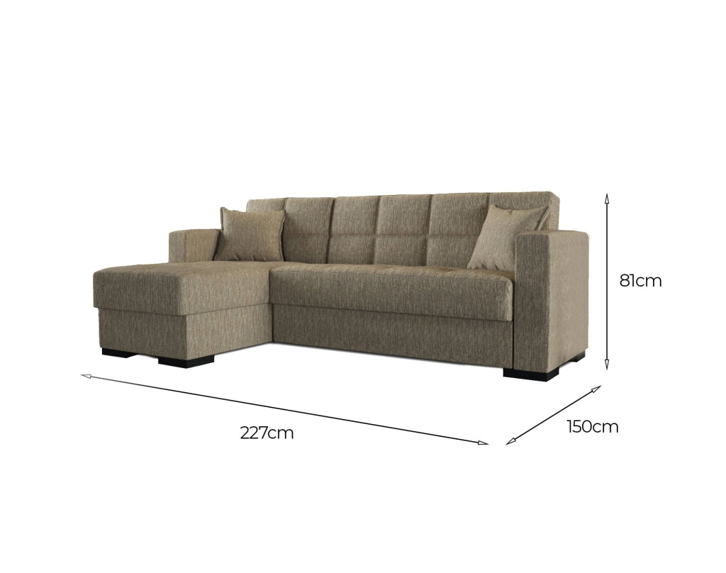 Divano letto Armadillo, Divano letto ad angolo con penisola reversibile, Sofà\  contenitore da soggiorno con chaislongue e 2 cuscini, Cm 230x150h81, Beige