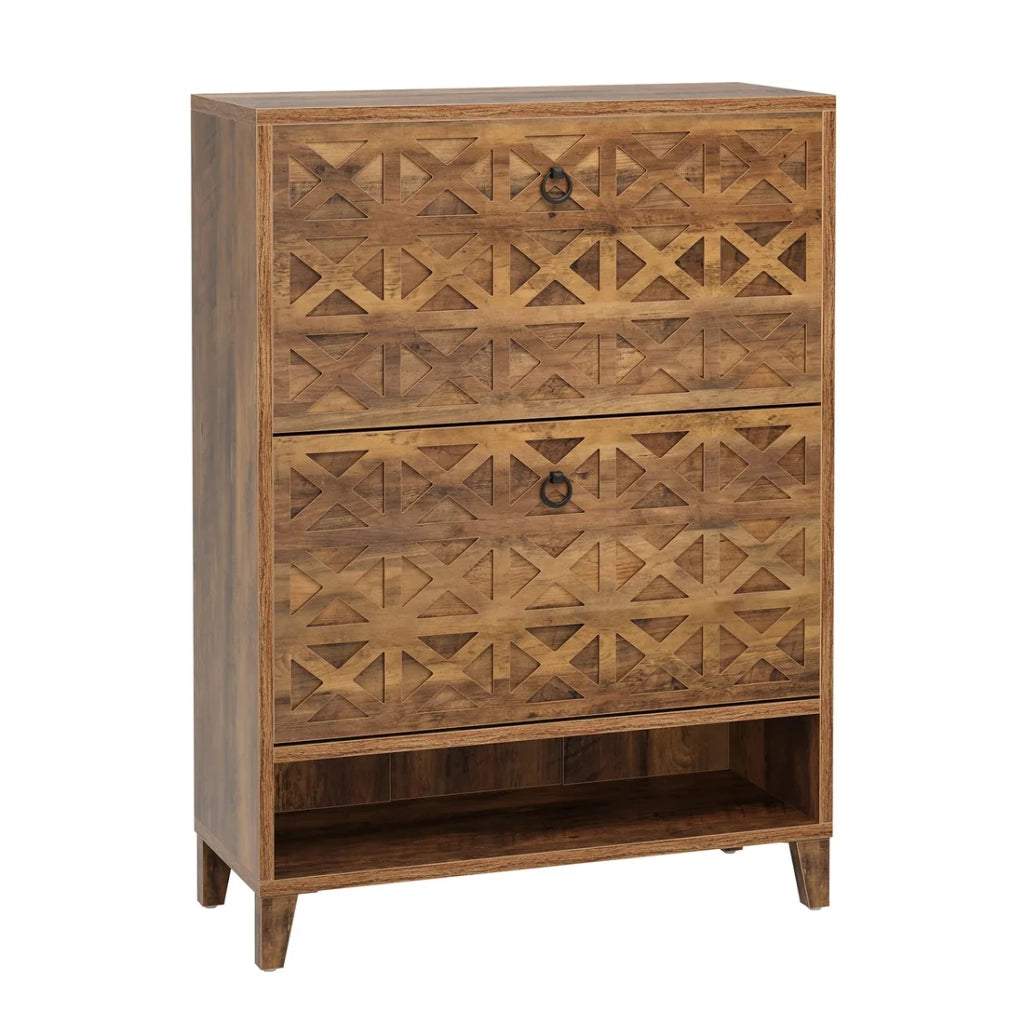 Scarpiera salvaspazio con 2 ante a ribalta e 2 cassetti, 80 x 24 x 110 cm, marrone
