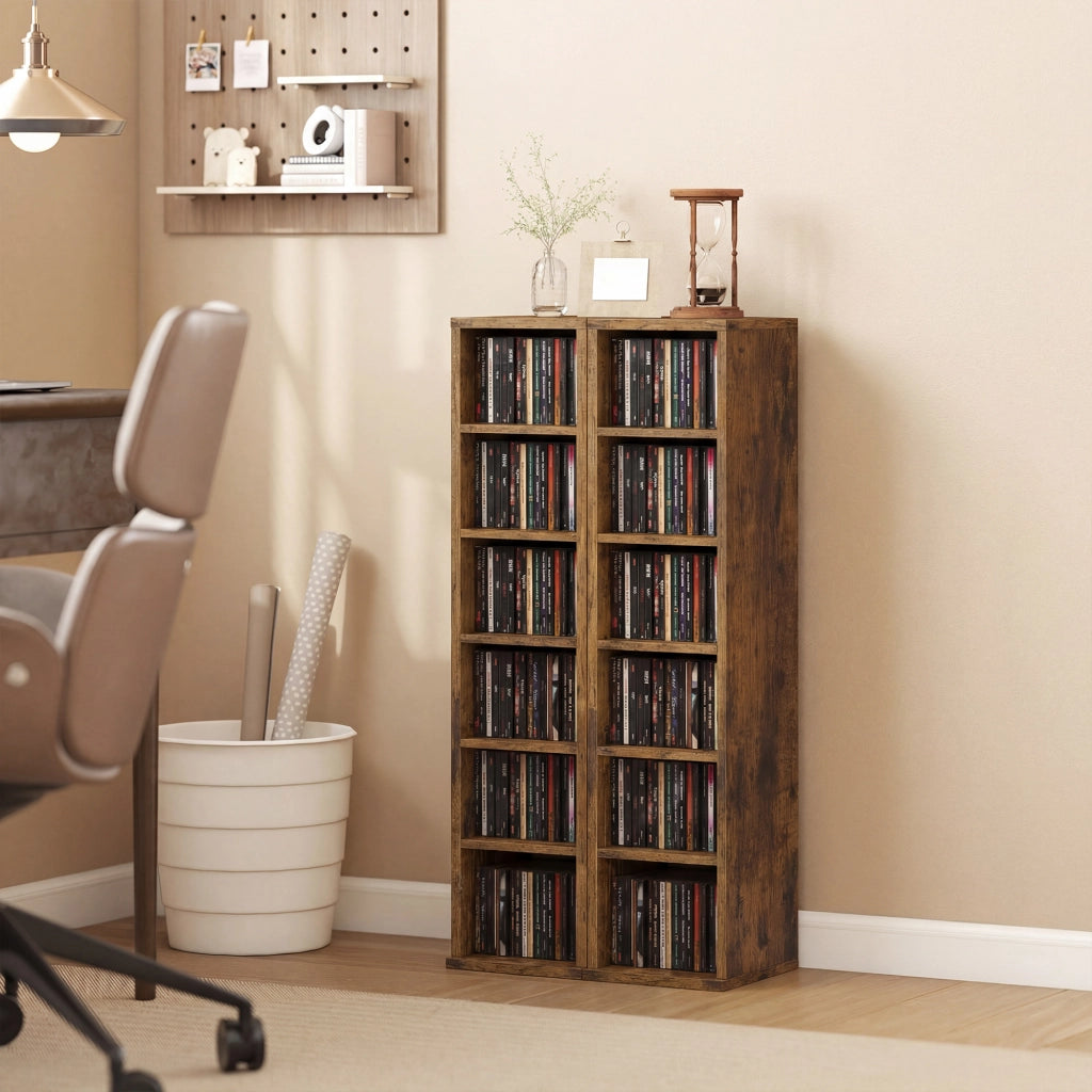 Set 2 Mobili Porta CD con Ripiani Regolabili per 204 CD in Legno, 21x22.5x88.5 cm, Marrone Rustico