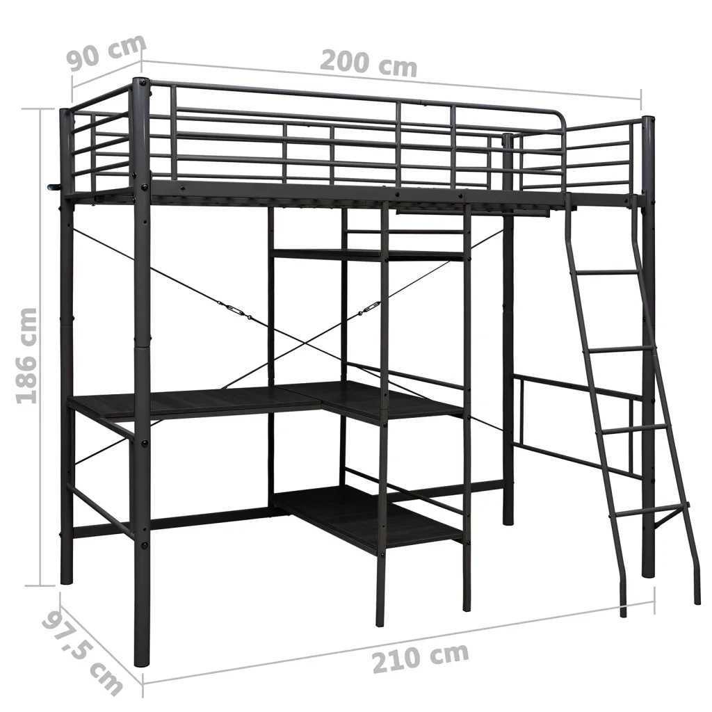 Letto singolo | Letto per adulti | Letto a Castello con Tavolino Nero in Metallo 90x200 cm
