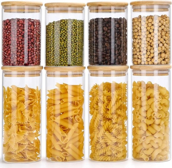 Set di contenitori in vetro con coperchio a gas di 8 - contenitori di conservazione a gas di vetro - coperchio in legno per pasta, cornflakes, muesli e fagioli di conservazione - 4 x 900 ml + 4 x 500 ml.