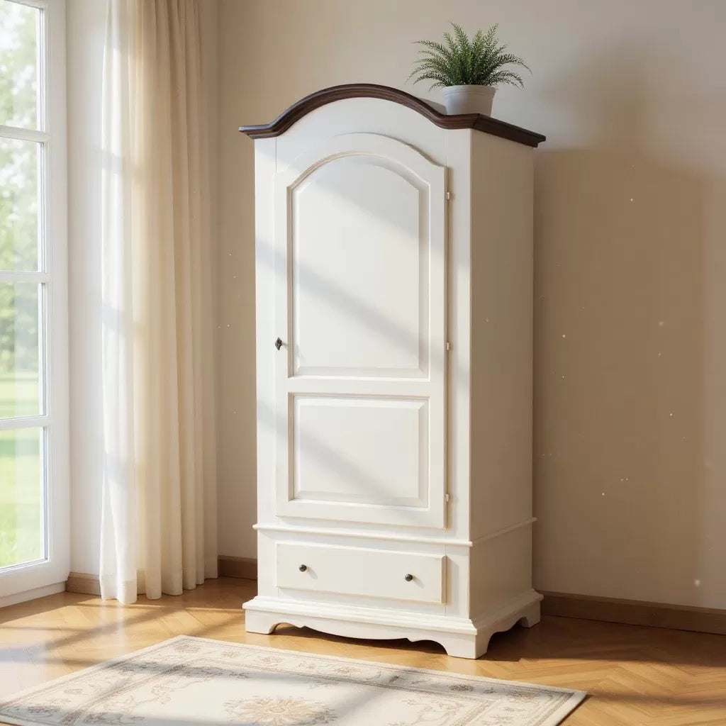 Armadio 1 porta legno shabby bianco invecchiato filo noce 96x56x196 - Mobili 2G