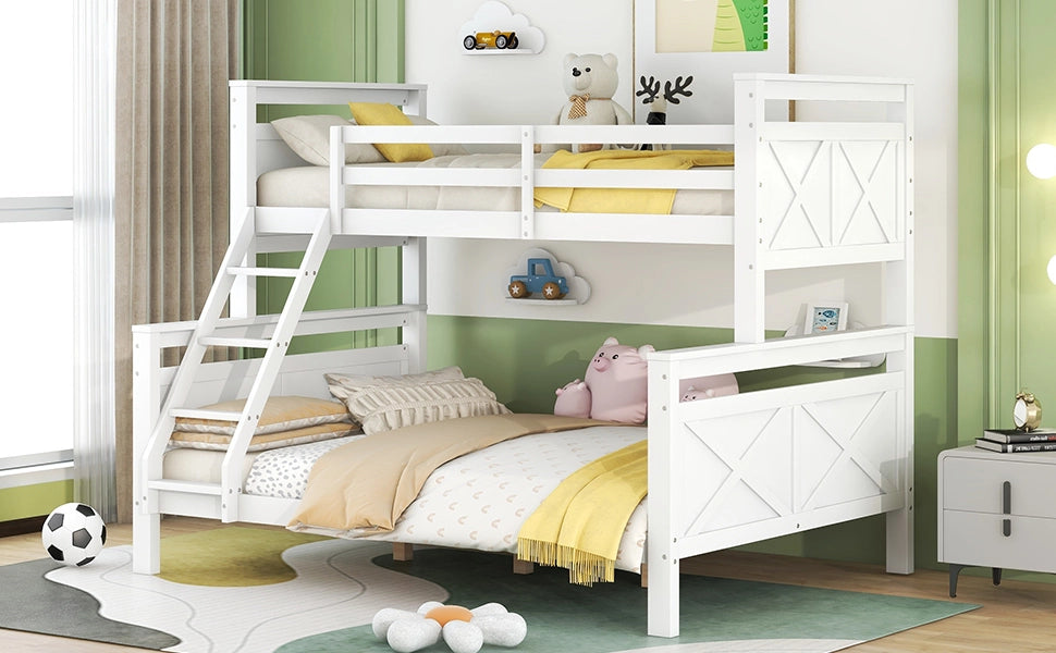 Letto a castello con scala e parapetto in pino bianco 90x200cm