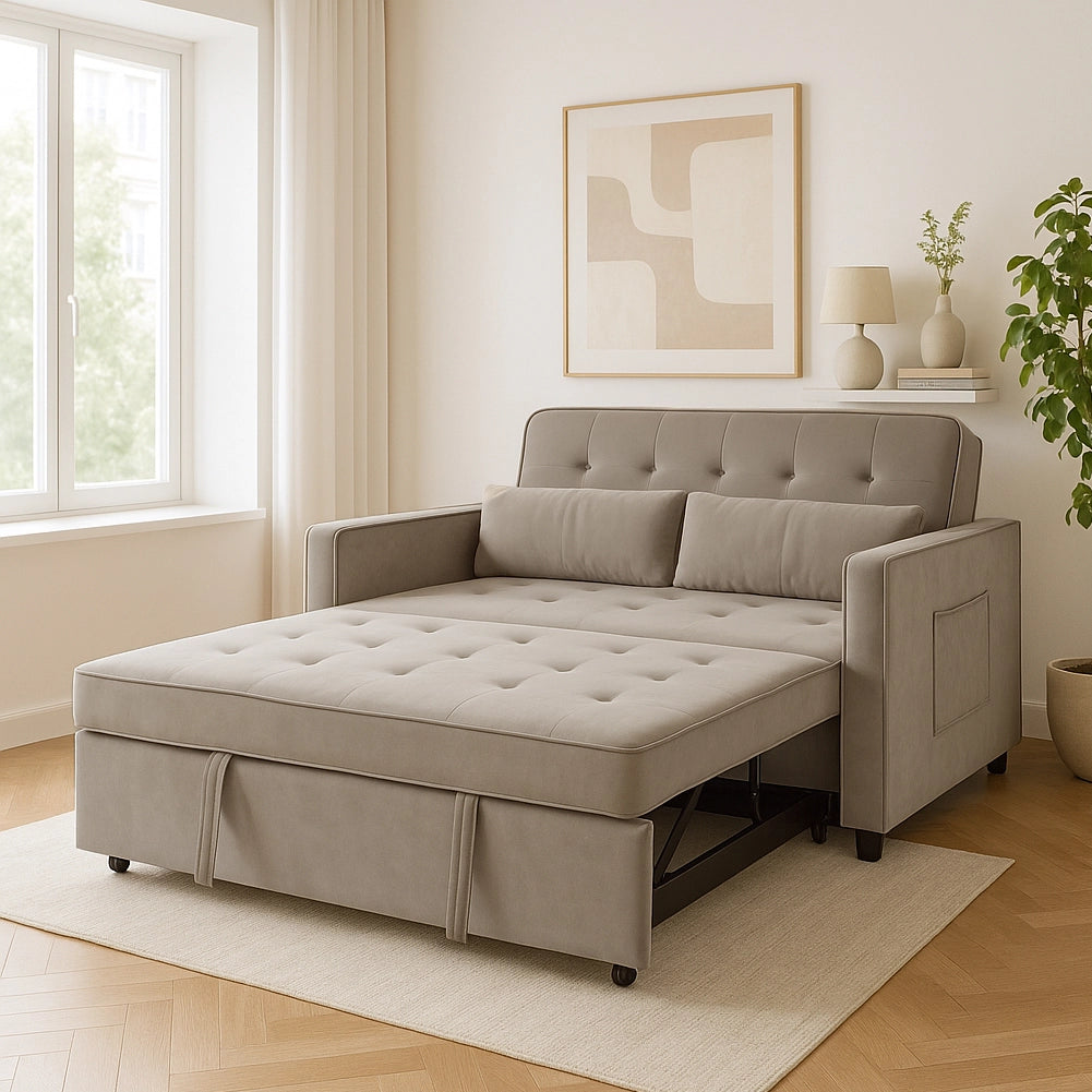 Divano Letto 2 Posti in Velluto Soft con Letto Estraibile e Struttura Rinforzata Beige