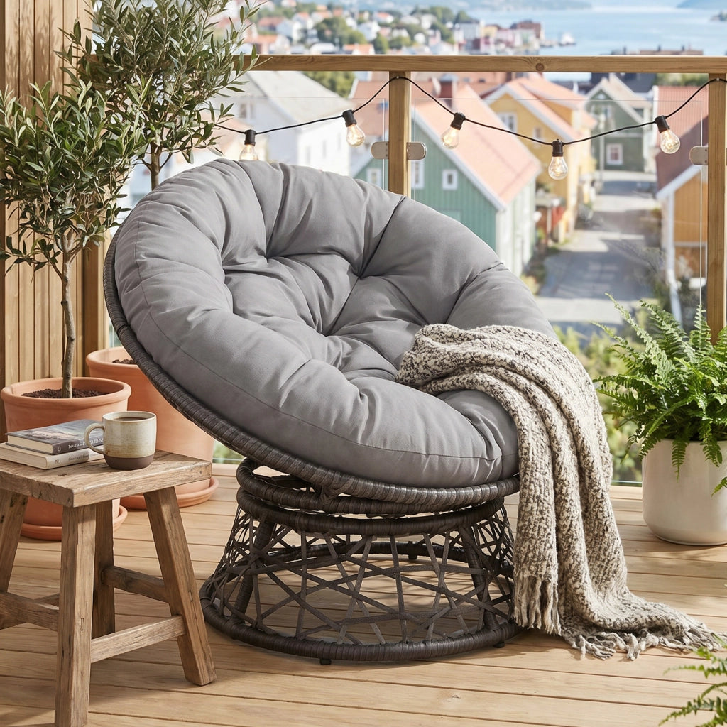 Poltrona Relax Da Esterno Girevole Con Cuscino Imbottito Seduta Rotazione 360 Gradi Per Giardino Terrazzo Patio Veranda Bordo Piscina 64 x 80.5 Cm Grigio