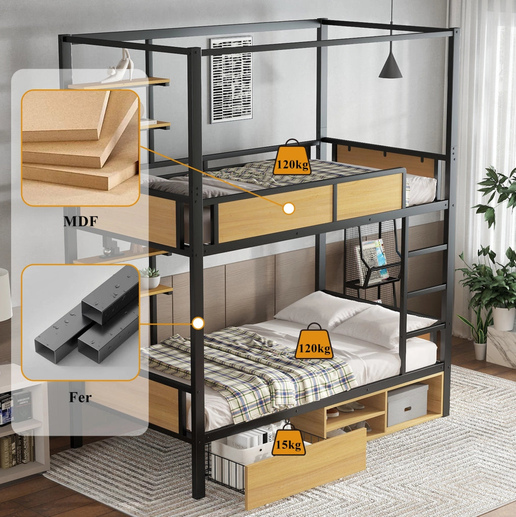Letto a castello 90x200 cm con ripiani e cassetti; metallo e MDF; nero/naturale