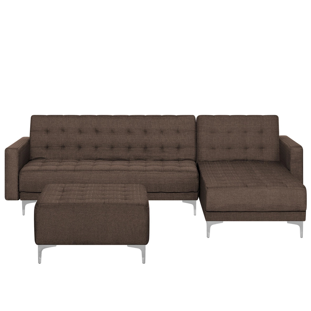 Divano letto angolare in tessuto capitonné marrone moderno a forma di L componibile a 4 posti con ottomana chaise longue versione sinistra