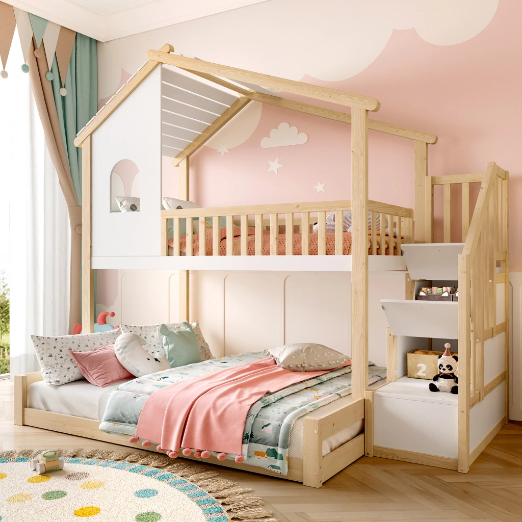 OKWISH Letto a Castello 90×200 cm e 140×200 cm, Letto 3 Posti con Scala Contenitore, Finestra e Sponde, senza Materasso, Naturale e Bianco