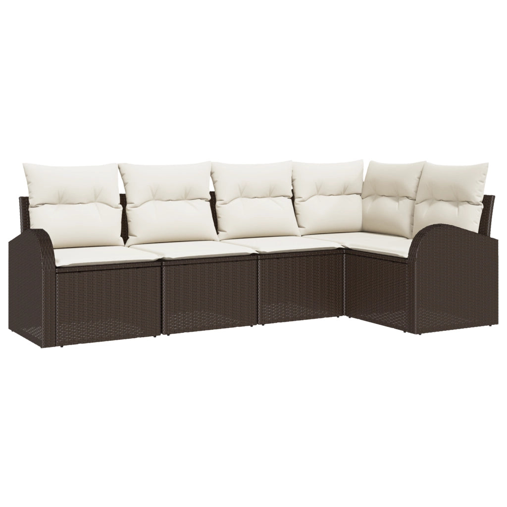Set Divano da Giardino di 5 Pezzi con Cuscini Marrone Rattan Poliestere