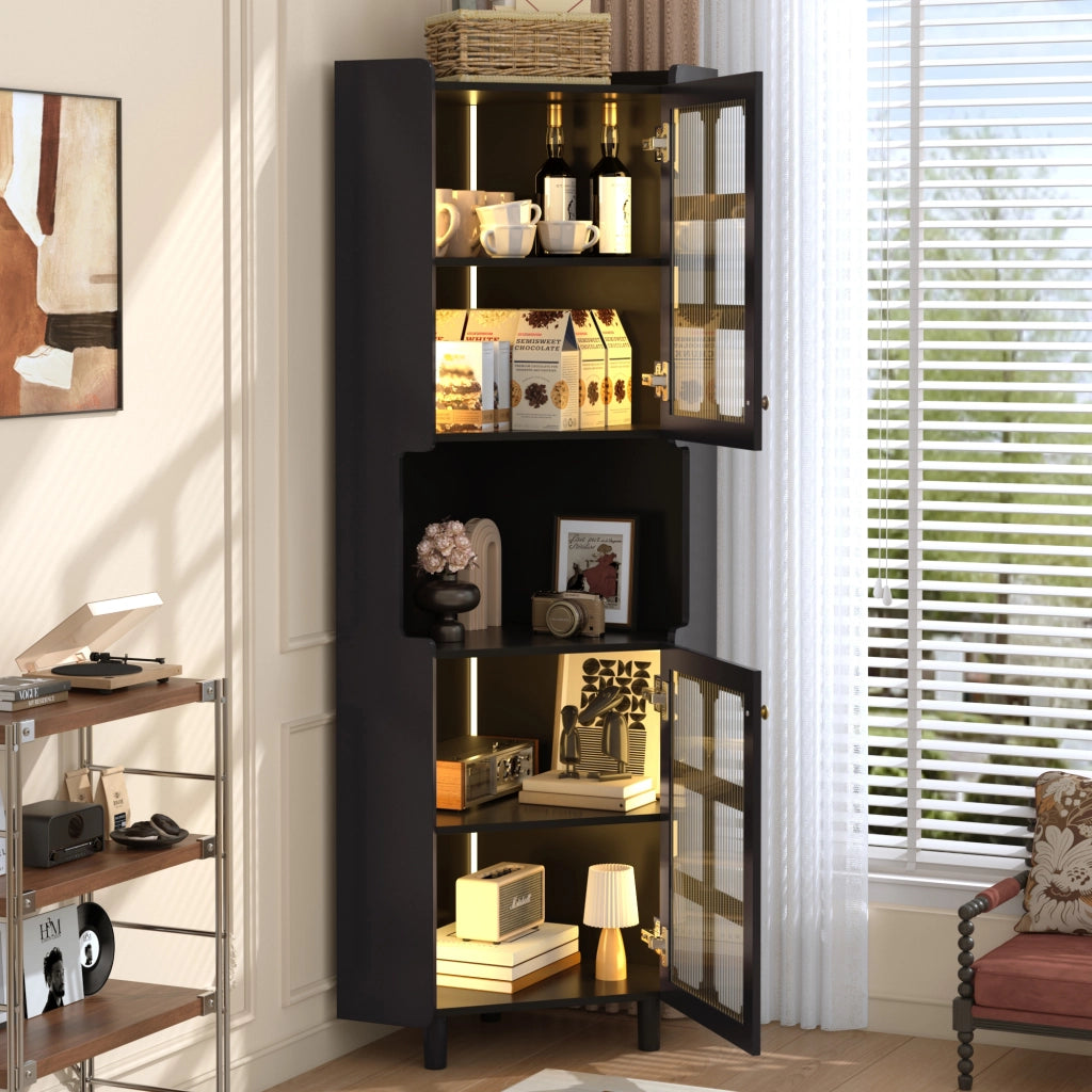 Armadietto angolare con LED e 2 ante in MDF laccato nero con ripiano aperto per soggiorno bagno e camera 63,5 × 157,5 cm