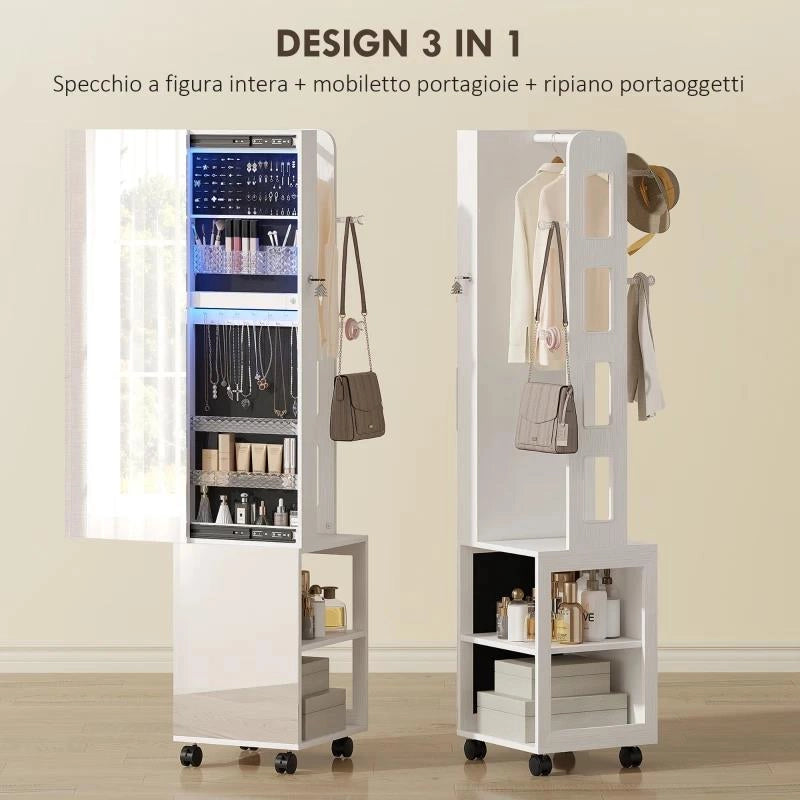 ARMADIO PORTAGIOIE CON SPECCHIERA GIREVOLE A 360¦, LUCE LED REGOLABILE, SERRATURA E RIPIANI, 37X40X165.5 CM