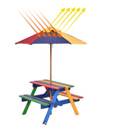 Set con tavolo picnic di legno e ombrellone per bambini, Tavolo e panchina con 4 posti e ombrellone pieghevoli