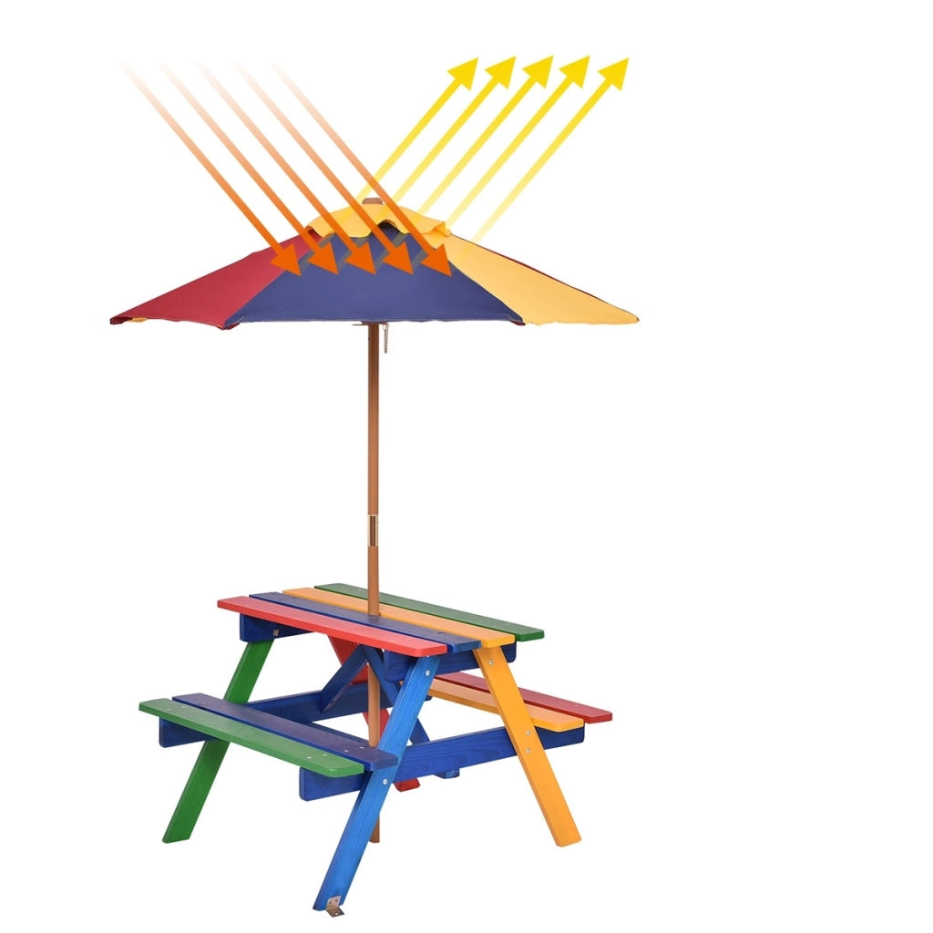 Set con tavolo picnic di legno e ombrellone per bambini, Tavolo e panchina con 4 posti e ombrellone pieghevoli