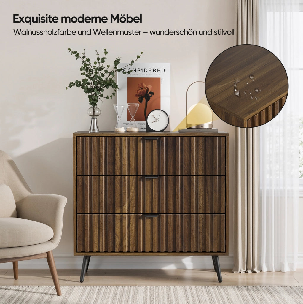 Cassettiera 80x39x78 cm con 3 cassetti e guide metalliche in MDF; noce