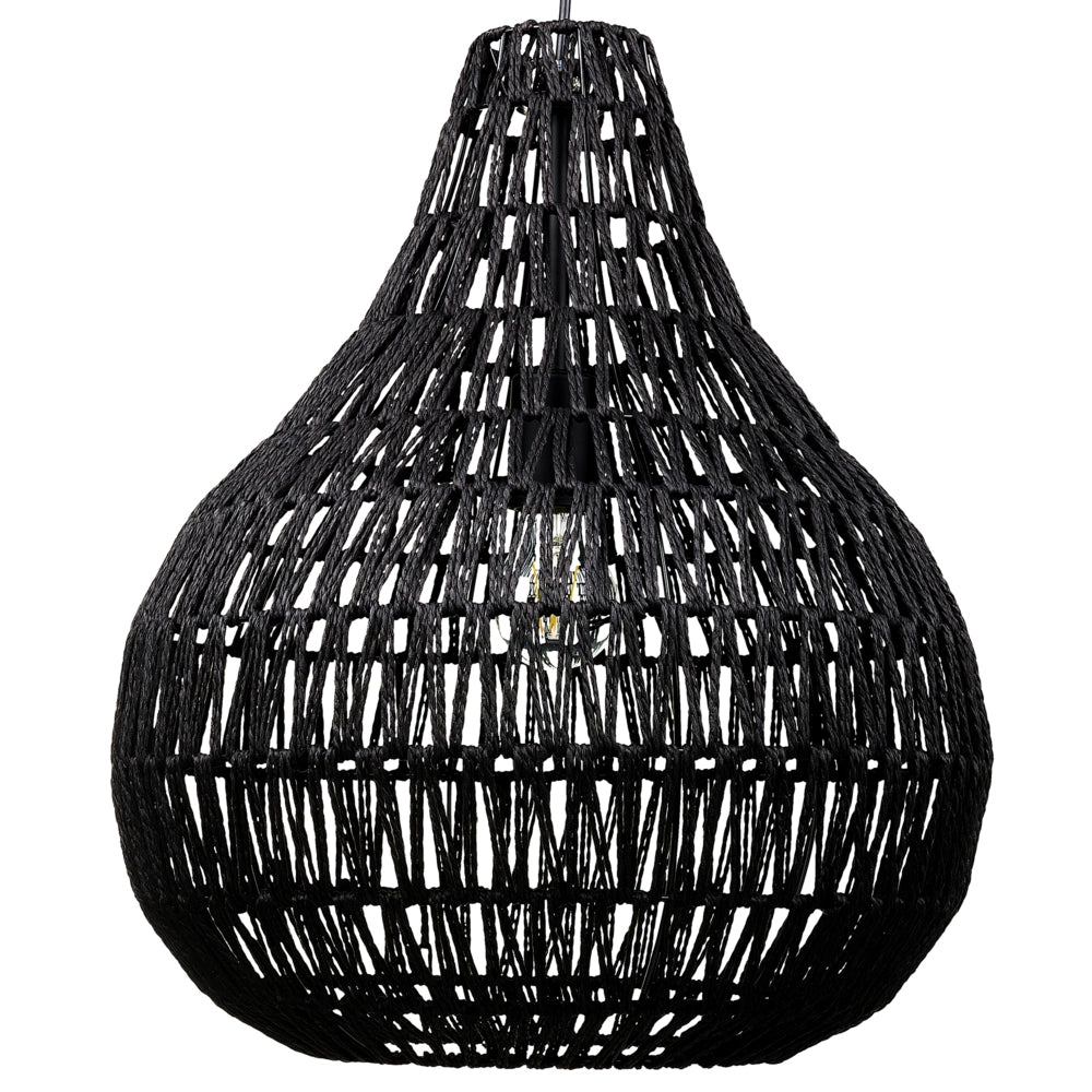 Lampadario in Carta Nero con Paralume Intrecciato Rotondo Stile Boho