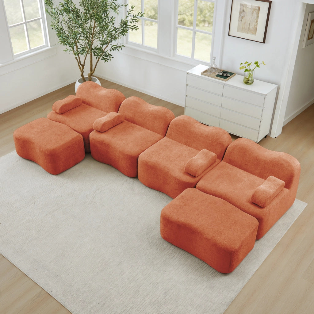 Divano angolare modulare a u 4 posti senza struttura con 2 pouf; schiuma 32D; velluto; arancione