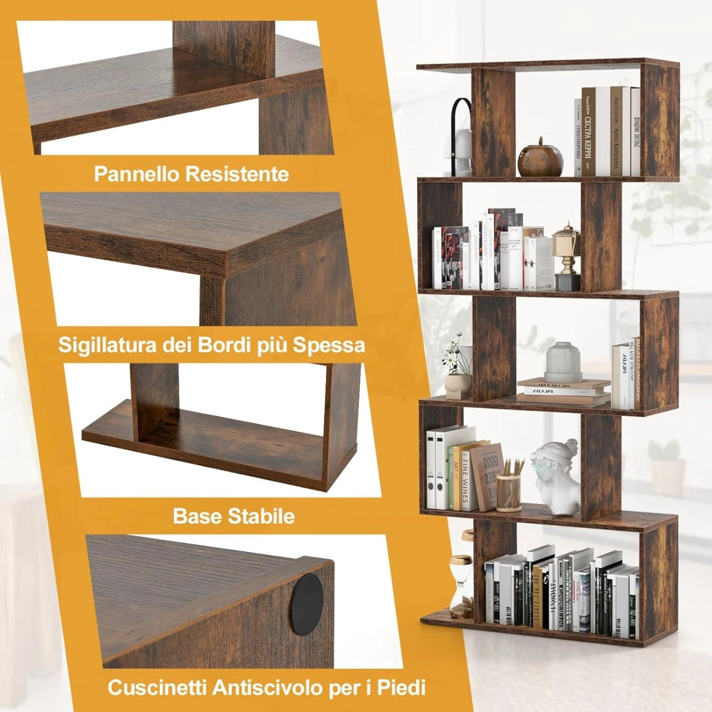 Scaffale in Legno a 5 Ripiani, Libreria Scaffale a Forma di S con Dispositivo Antiribaltamento, Divisorio per Soggiorno Ufficio Camera da Letto, 70 x 23,5 x 158 cm