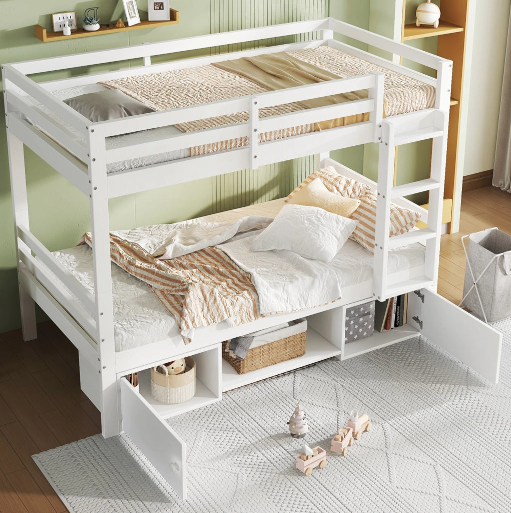 Letto a castello per bambini 205x104x158 cm con scaffale e armadietti; divisibile in 2 letti singoli; legno e MDF; bianco