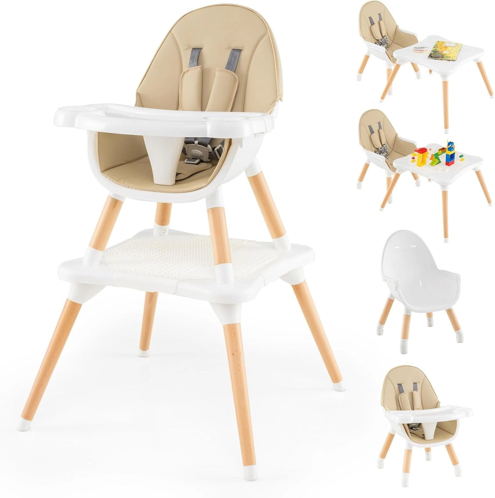 6-in-1 Seggiolone per Neonati, Seggiolone Prima Pappa, Tavolo e Sedia Convertibile per Bambini, Imbracatura di Sicurezza, Vassoio Rimovibile, per Bambini 6-36 Mesi (Beige+Bianco)