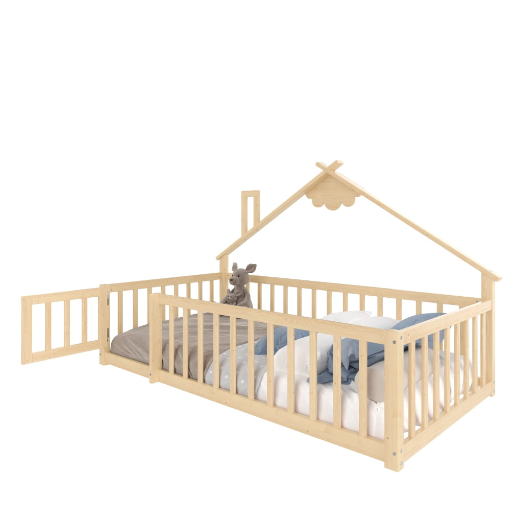 Letto per bambini 90x190 cm a forma di casetta in legno naturale
