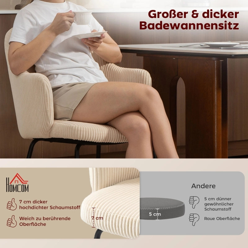 SEDIA da pranzo in corduroy beige, design a vasca, gambe in acciaio