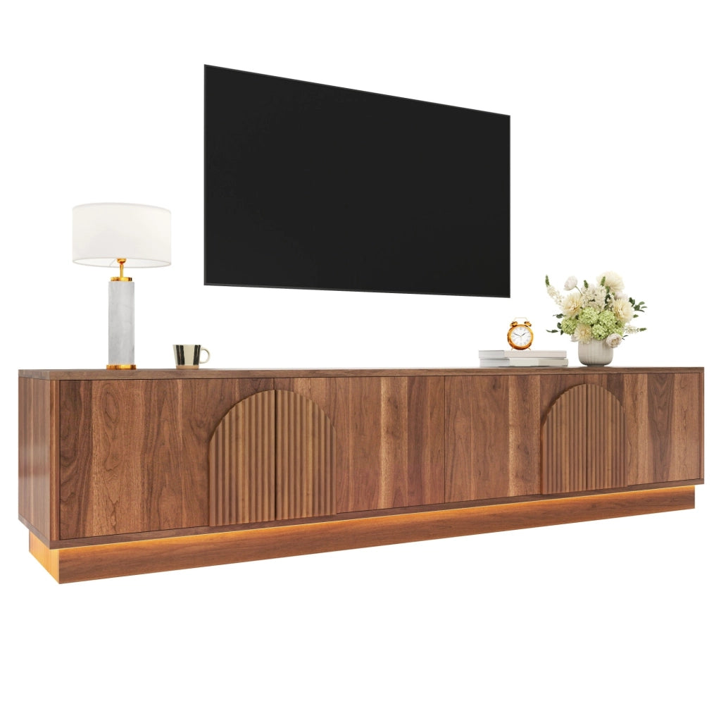 Mobile TV 180x40x44.5 cm con porte push-to-open; LED multicolore; MDF e metallo; noce